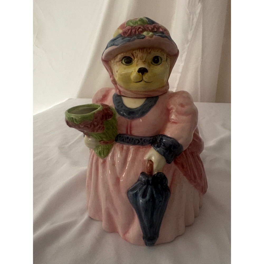 Vintage Victorian Cat Lady Ceramic Teapot Pink Dress Bonnet Bouquet Umbrella